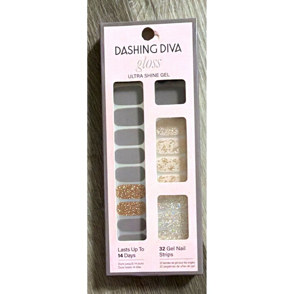 Dashing Diva Gloss Gel Press-On Nails Gray/Gold Glitter Short Square NIB